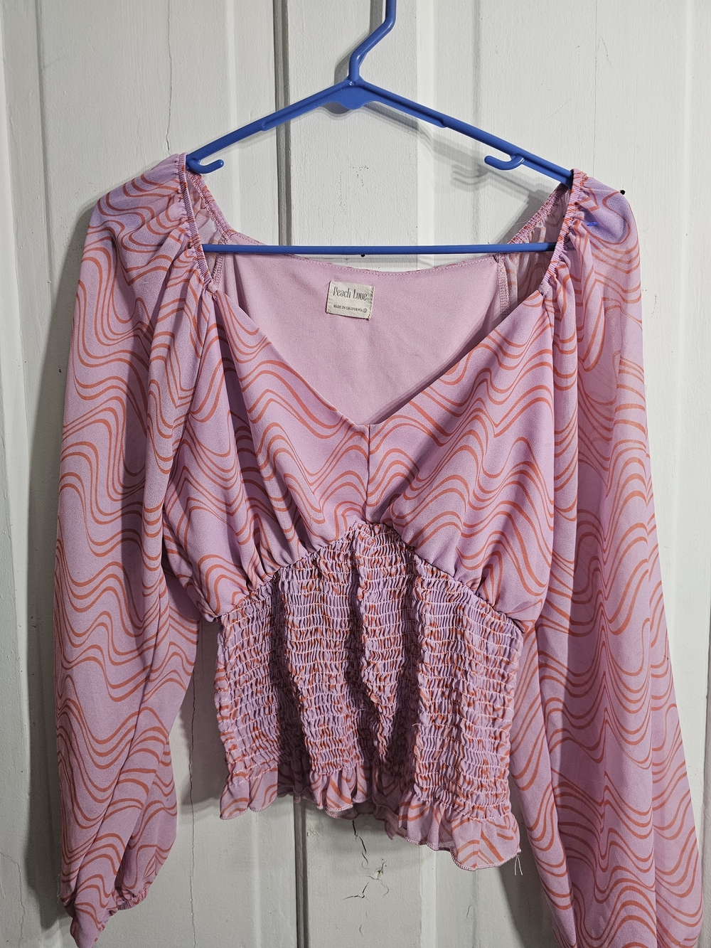 Peach Love California Pink Lavender Wave-Print Smocked Waist Blouse